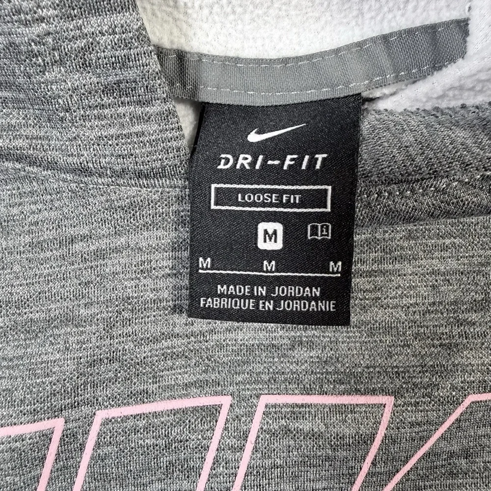 Nike Dri-Fit Hoodie Womens Medium Gray Pink Spellout Loose Fit Cropped Pullover